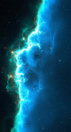 A vibrant blue lightning bolt illuminates the dark space with stars and galaxiesの写真素材