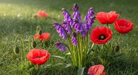 A vibrant cluster of red poppies and purple flowers in a lush green meadowの写真素材