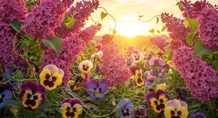 A vibrant garden filled with colorful flowers during a serene sunsetの写真素材
