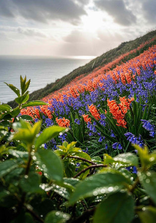 A vibrant hillside covered in colorful flowers overlooking the serene ocean on a cloudy dayの写真素材