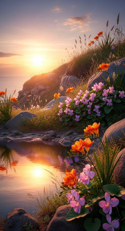 A serene landscape of vibrant flowers by a calm body of water at sunsetの写真素材