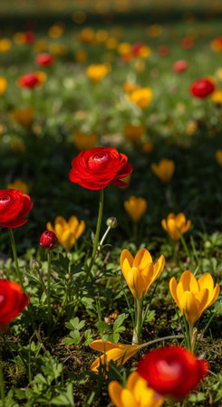 A vibrant field of red and yellow flowers in full bloom on a sunny dayの写真素材