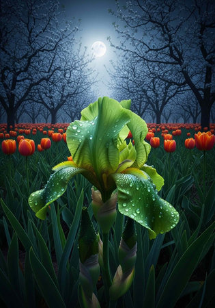 A serene moonlit night in a vibrant flower field with a beautiful green irisの写真素材