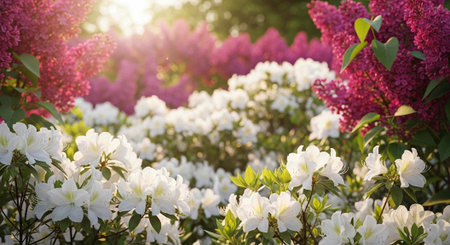 A vibrant garden filled with white and pink flowers in full bloomの写真素材
