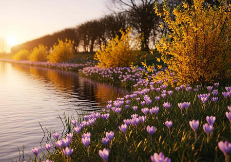 A serene landscape of purple flowers blooming by a calm lake at sunriseの写真素材
