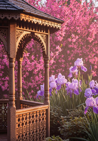 A beautifully crafted wooden gazebo surrounded by vibrant flowers in a serene garden settingの写真素材