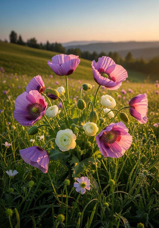 A serene field of vibrant purple poppies and white flowers at sunsetの写真素材