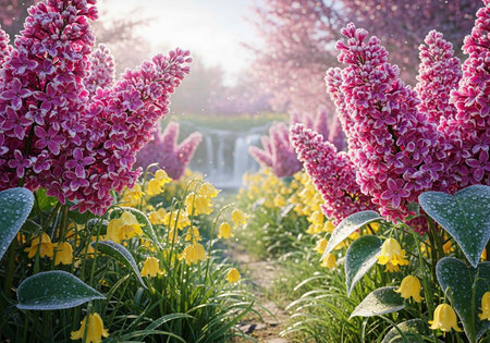 A serene garden scene with vibrant flowers and a peaceful atmosphere at sunriseの写真素材