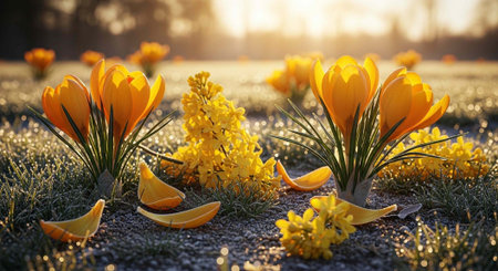 A serene field of vibrant orange flowers bathed in warm sunlight at sunriseの写真素材