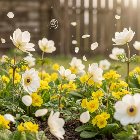 A serene garden scene with white and yellow flowers in full bloomの写真素材