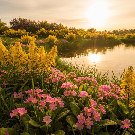 A serene landscape of vibrant flowers blooming near a peaceful lake at sunsetの写真素材