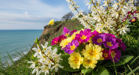 A vibrant bouquet of colorful flowers blooms on a cliffside overlooking the oceanの写真素材