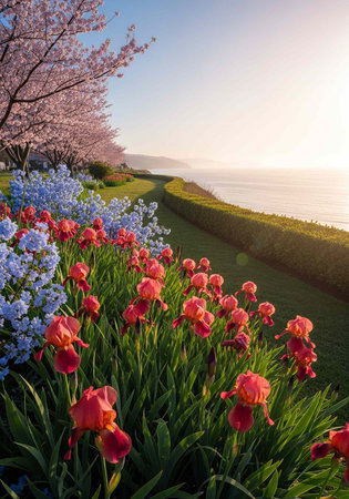A serene landscape of vibrant flowers by the ocean at sunsetの写真素材