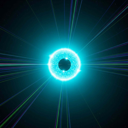 A vibrant blue glowing circle with radiant lines emanating from it in spaceの写真素材