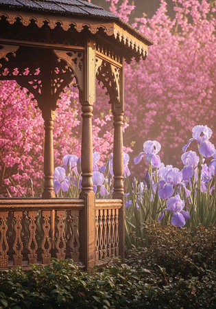 A serene gazebo surrounded by vibrant purple flowers and lush greenery in a peaceful gardenの写真素材