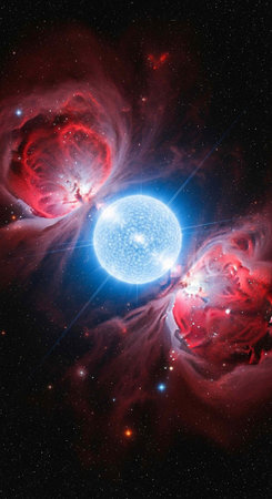 A vibrant blue star shines brightly in a stunning celestial landscape at nightの写真素材