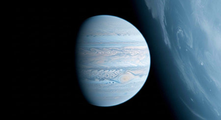 A stunning astronomical image of Jupiter and its moons in deep spaceの写真素材