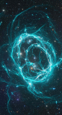 A vibrant blue nebula swirls in the dark vastness of outer space with starsの写真素材