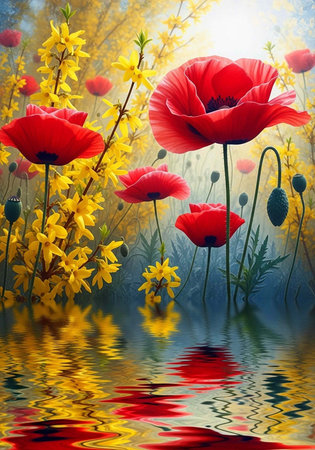 A serene landscape of red poppies and yellow flowers reflecting in calm waterの写真素材