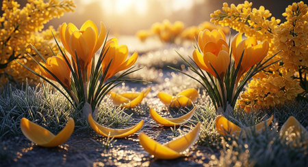 A serene landscape of vibrant yellow flowers in a natural outdoor setting with warm sunlightの写真素材