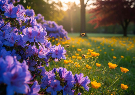 A serene field of vibrant purple and yellow flowers at sunset with a butterflyの写真素材