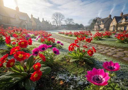 A vibrant garden filled with colorful flowers and houses in the background on a sunny dayの写真素材
