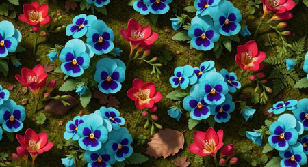 A vibrant and colorful floral arrangement with blue and red flowers in natureの写真素材
