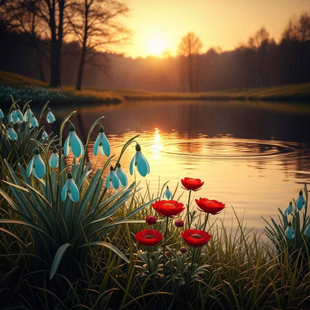 A serene landscape of red and blue flowers by a peaceful lake at sunsetの写真素材