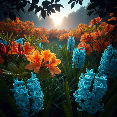 A serene field of vibrant orange and blue flowers at sunriseの写真素材
