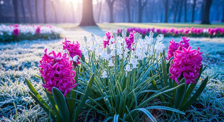 A serene garden scene with vibrant pink and white hyacinths on a frosty morningの写真素材