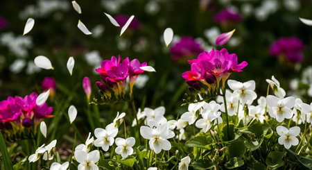 A vibrant garden filled with pink and white flowers on a sunny dayの写真素材