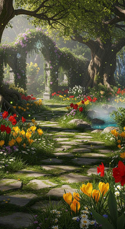 A serene garden pathway lined with vibrant flowers and lush greenery on a sunny dayの写真素材