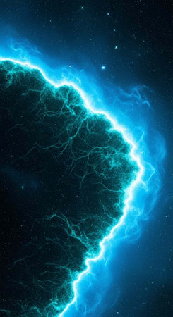 A vibrant blue lightning bolt illuminates the dark space with stars and planetsの写真素材