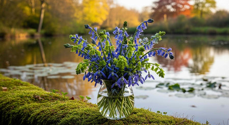 A vase of blue flowers sits on mossy ground by a serene lakeの写真素材