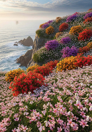 A vibrant cliffside covered in colorful flowers overlooking a serene ocean at sunsetの写真素材