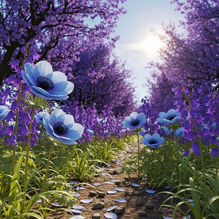 A serene garden path lined with vibrant purple flowers and lush greenery under a bright skyの写真素材
