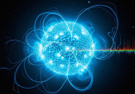 A glowing blue atom with swirling electrons and a vibrant sound wave emissionの写真素材