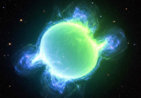 A vibrant green nebula glows brightly in the dark space with blue highlightsの写真素材