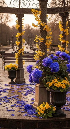 A beautiful park scene with vibrant blue and yellow flowers in plantersの写真素材
