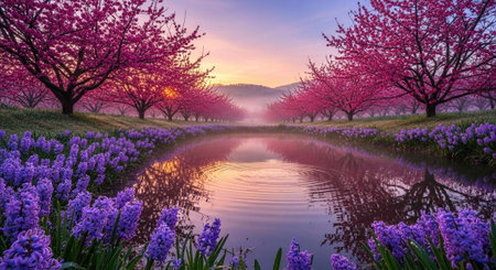 Beautiful spring landscape of blooming hyacinths and cherry blossoms in full bloom at sunset.の写真素材