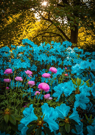 Rhododendron flowers in the garden at sunset. Summer landscape.の写真素材