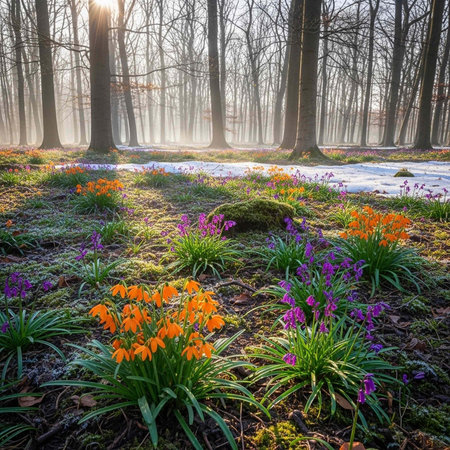 Early spring in the forest with crocuses.の写真素材