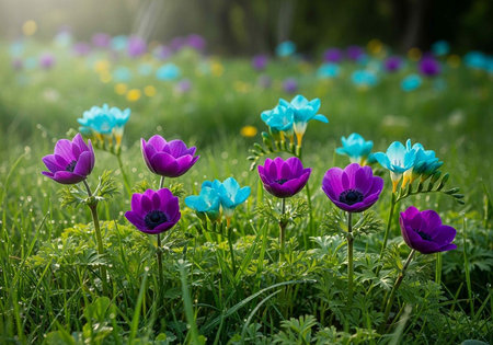 Colorful spring flowers in the meadow. Anemone flower.の写真素材