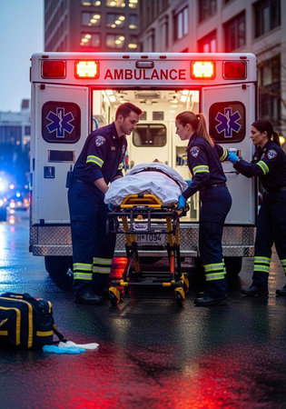 Paramedics in uniform loading a patient on a stretcher into an ambulance on a wet city street at dusk, with emergency lights on.の写真素材