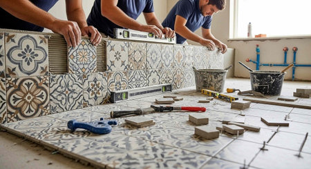 Men in blue shirts laying decorative tiles with various patterns and tools on the floor and wall in a construction site.の写真素材