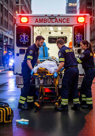 Paramedics in blue uniforms with yellow stripes move a patient on a stretcher from an ambulance on a wet city street, with buildings in the background.の写真素材