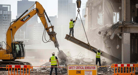 Workers in yellow vests and hard hats operate excavator and handle debris at demolition site with...