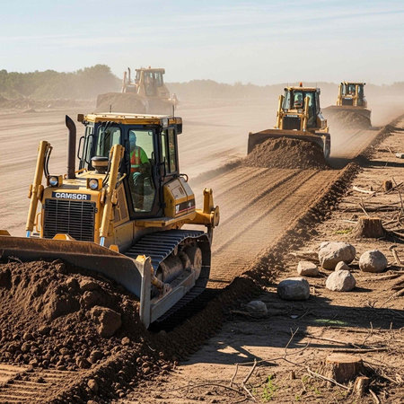 A line of yellow bulldozers on a dusty construction site, moving dirt and debris under a hazy sky.