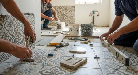 Three construction workers installing patterned tiles on a floor with various tools and equipment scattered around them in a room with white walls.の写真素材