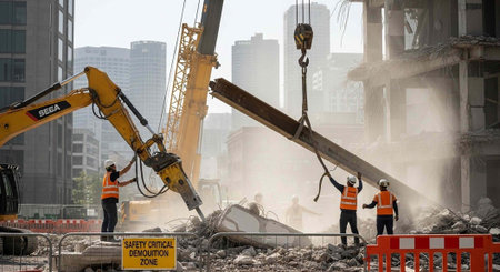 Workers in orange vests and hard hats operate heavy machinery to demolish a building amidst rubble...
